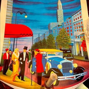 Vintage Cityscape Art Print with Classic Car